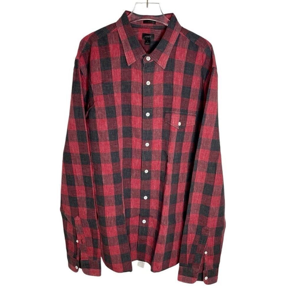 J. Crew Slim Fit Buffalo Check Plaid Long Sleeve L Red Black Pocket Button Large